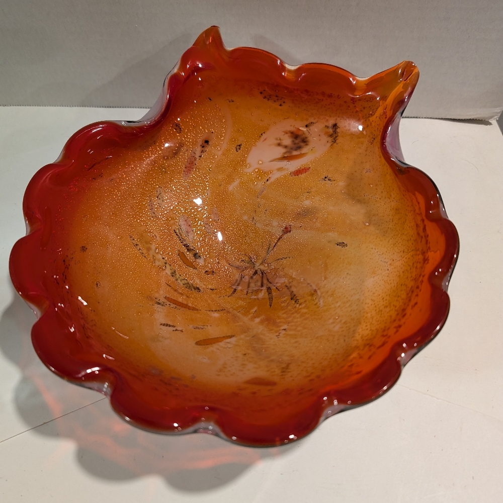 Vintage Murano Cased Heavy Glass Bowl Ashtray Red Gold Speckled Yellow.